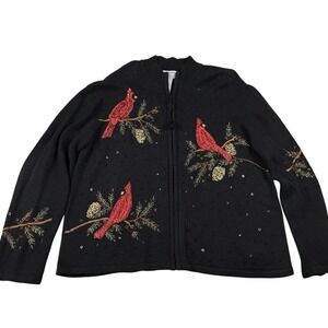 Tiara International Cardigan Sweater Size XL Christmas Red Bird Embroider Beaded